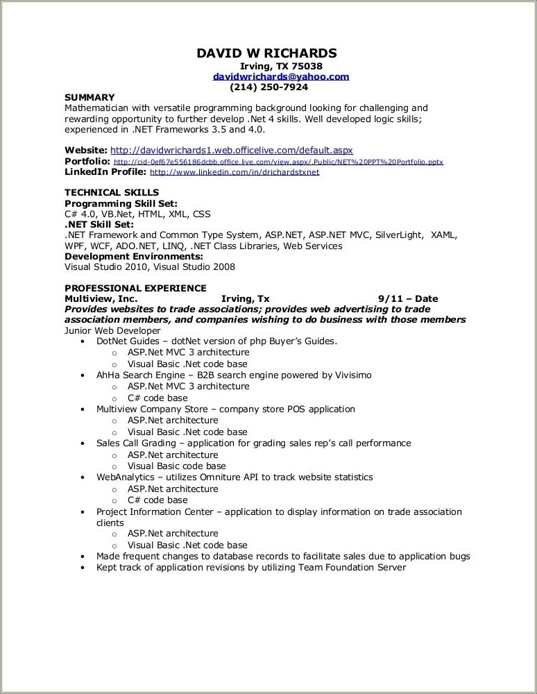 Dot Net Resumes 5 Years Experience Sample