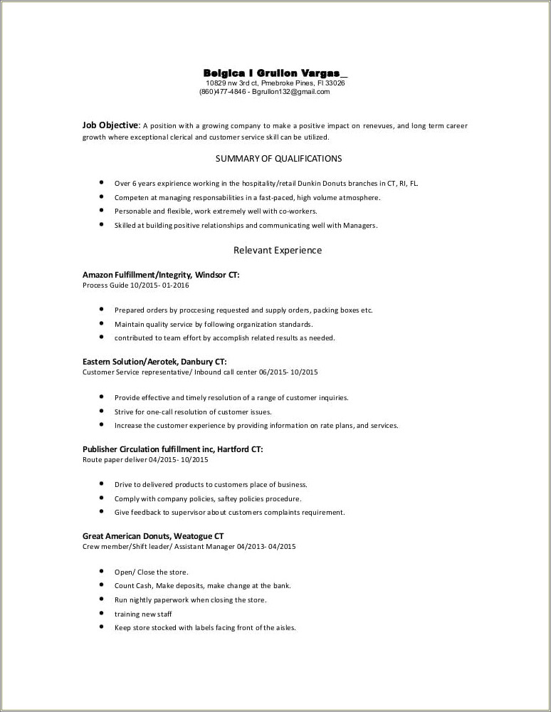 Dunkin Donuts Shift Leader Resume Skills Examples
