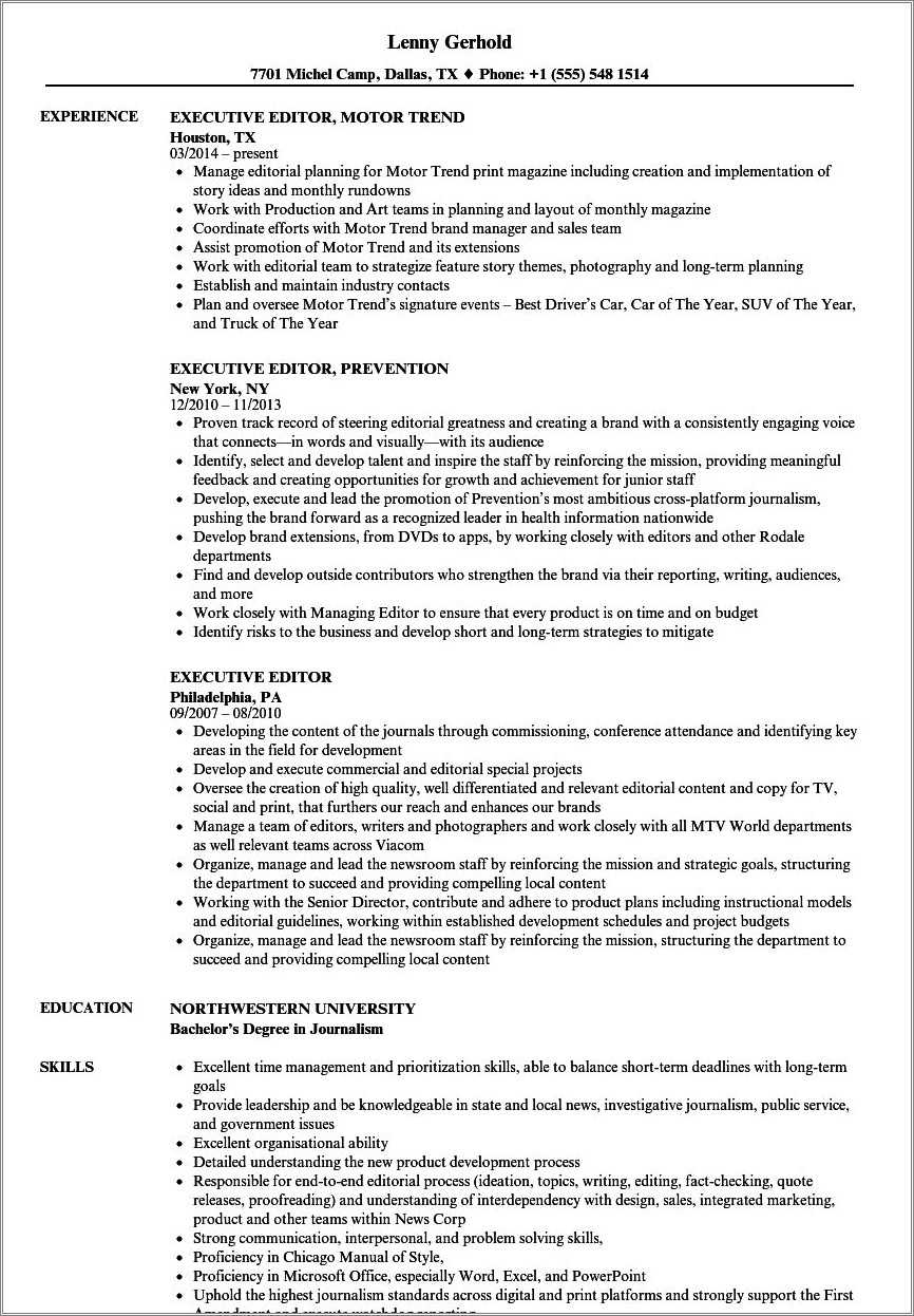 Editor In Chief Job Description Resume