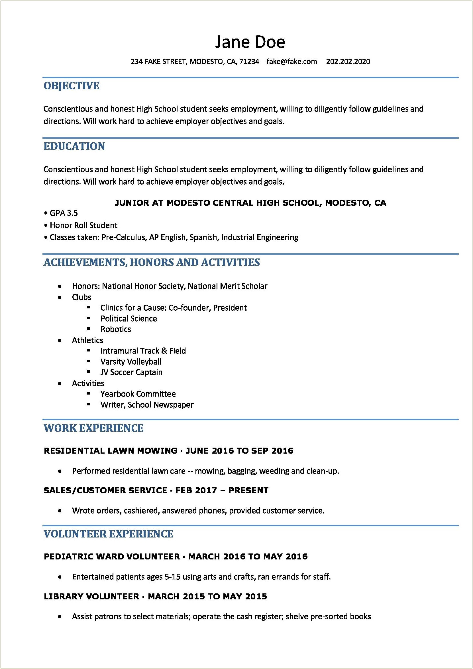 Education Portion For High School Student On Resume