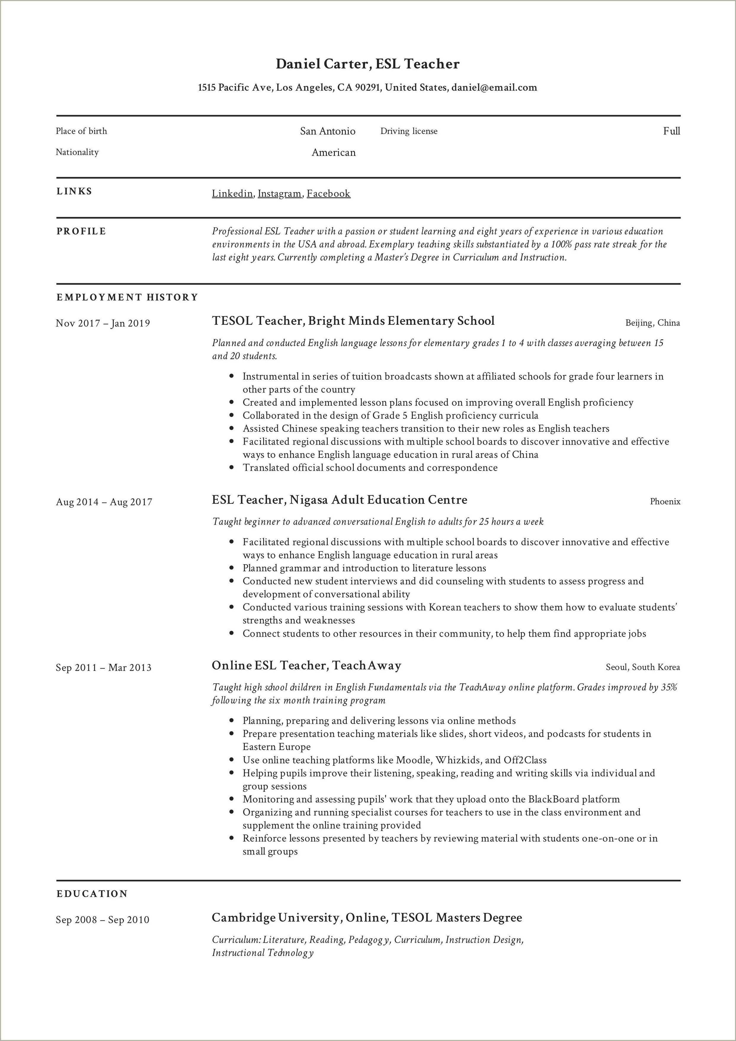 Efl Teacher Job Keyword Resume