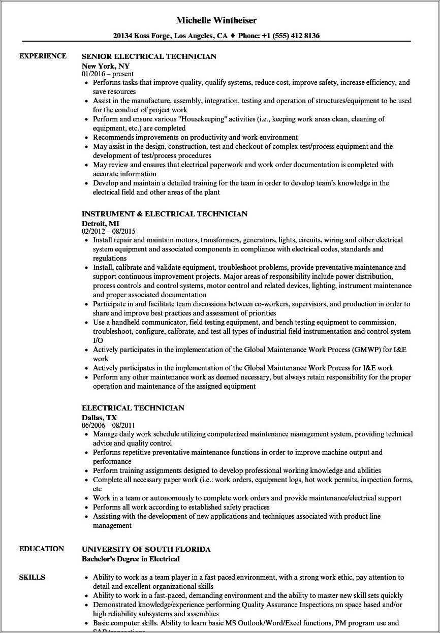 Schneider Electric Resume Example Wiring Technician Resume Example