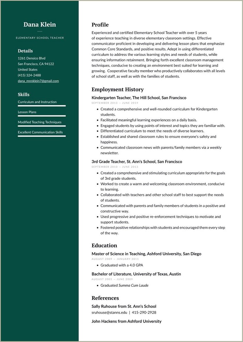 Free sample resume for elementary teachers resume example gallery
