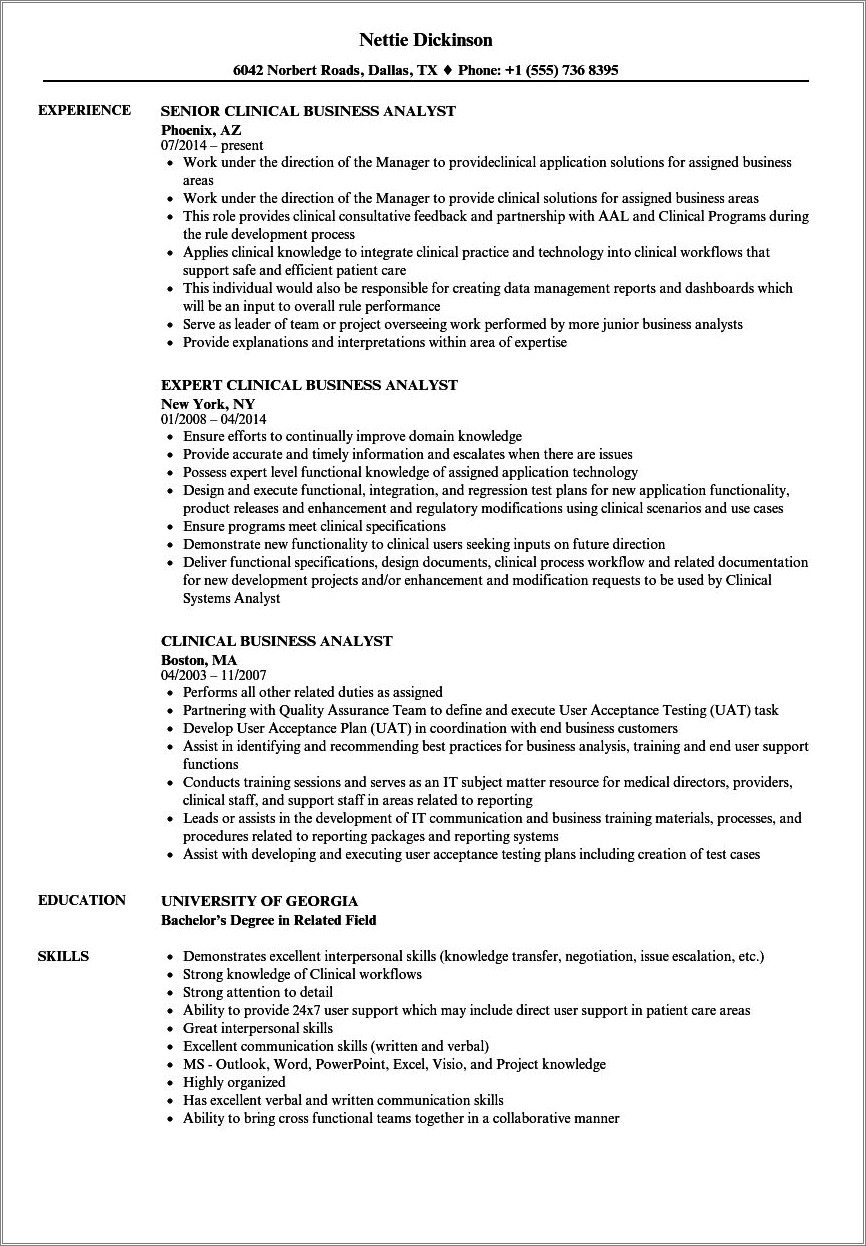business analyst healthcare resume sample