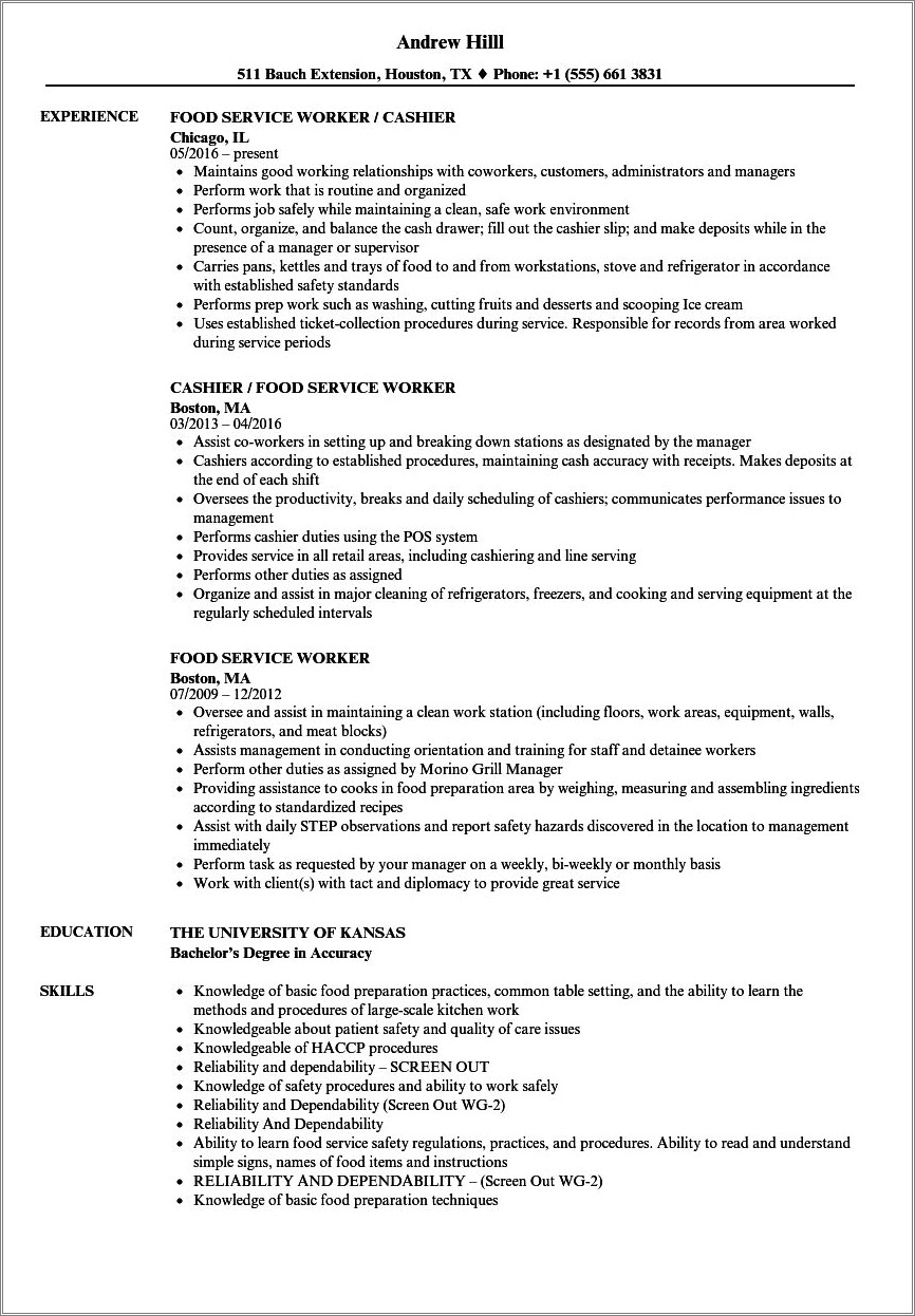 Engaged Customer Service Food Industry Job Description Resume