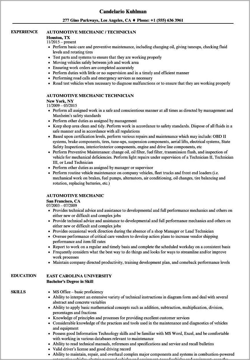 Entry Level Automotive Technician Resume Template Resume Example Gallery