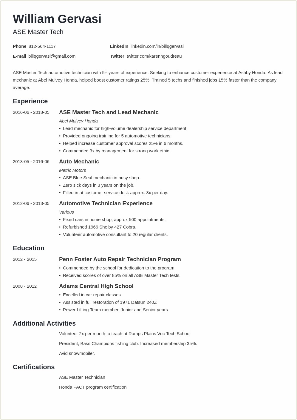 Entry Level Automotive Technician Resume With No Experience Resume