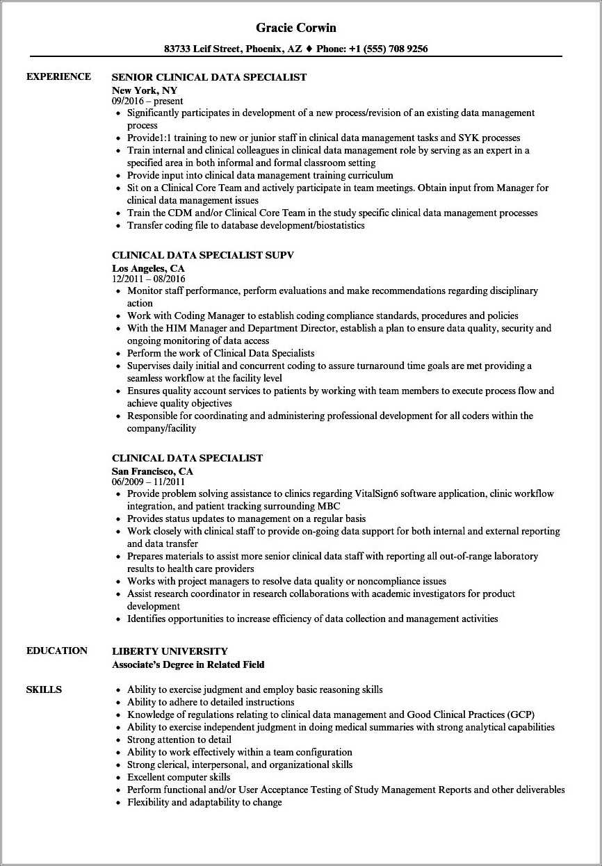 Entry Level Clinical Data Specialist Resume Samples