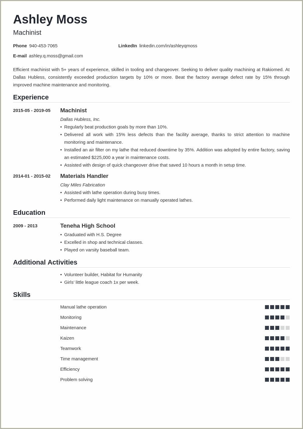 Entry Level Cnc Machinist Resume Sample Resume Example Gallery