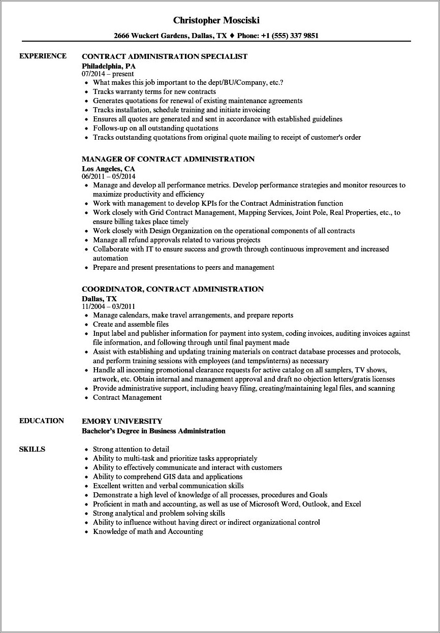 Entry Level Contract Specialist Resume Sample