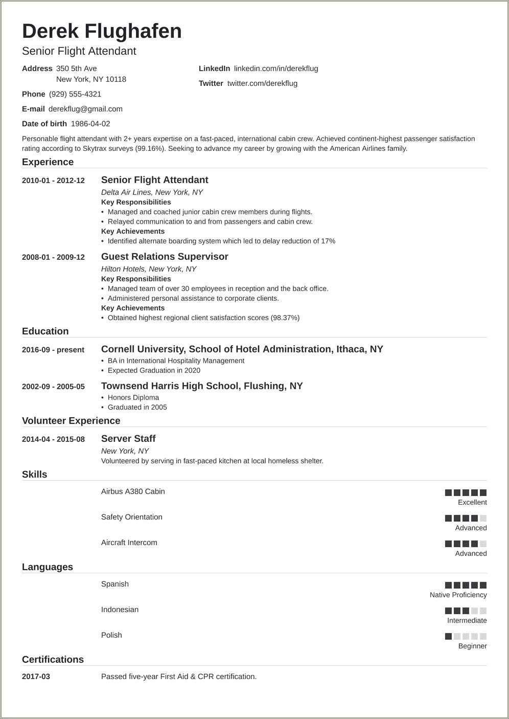 Examples Of Entry Level Flight - Entry Level Flight Attendant Resume Sample