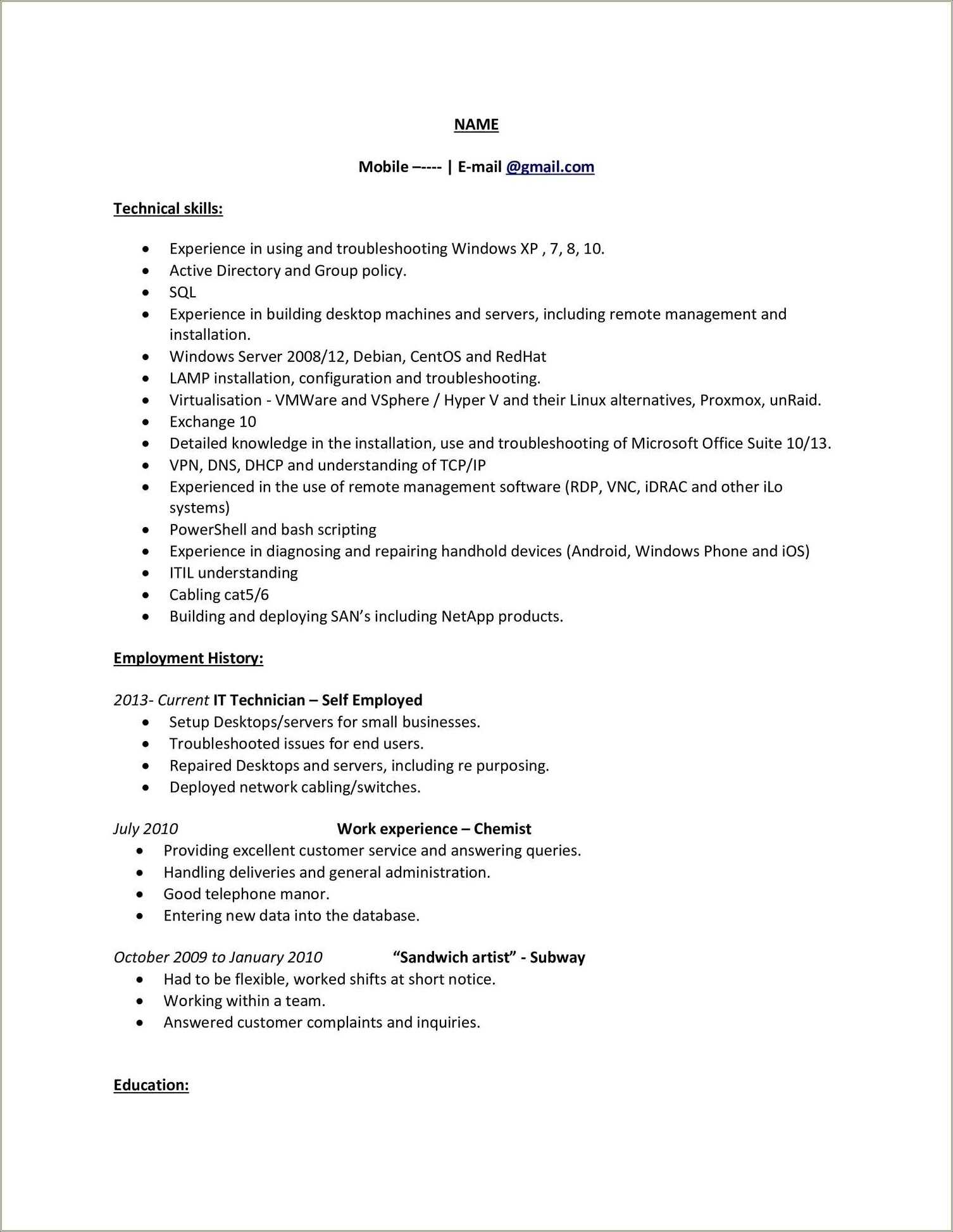 help desk resume no experience reddit