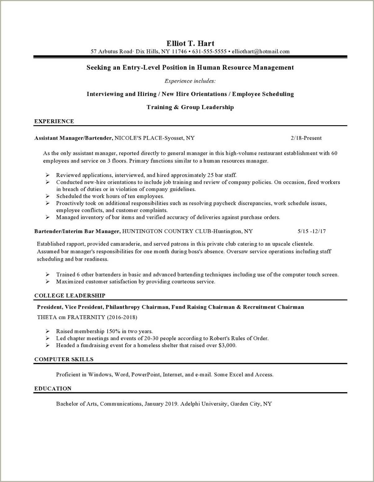 Human Resources Career Objective Examples Resume Resume Example Gallery