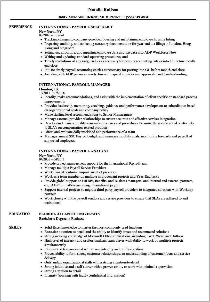 Entry Level Payroll Specialist Resume Sample