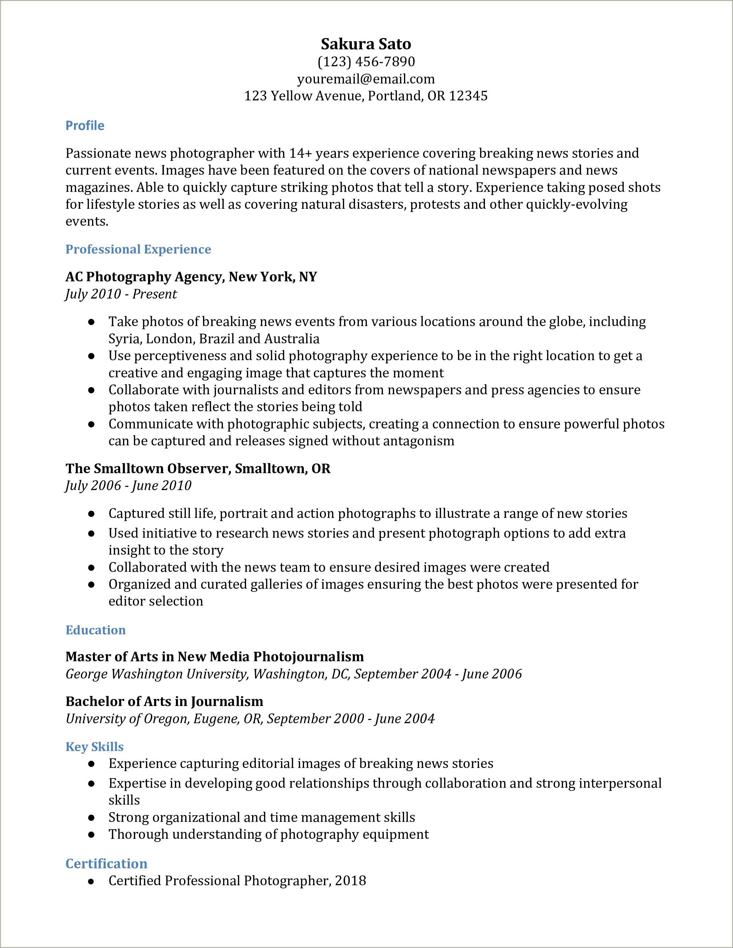 Resume Objective For Entry Level Photographer Resume Example Gallery