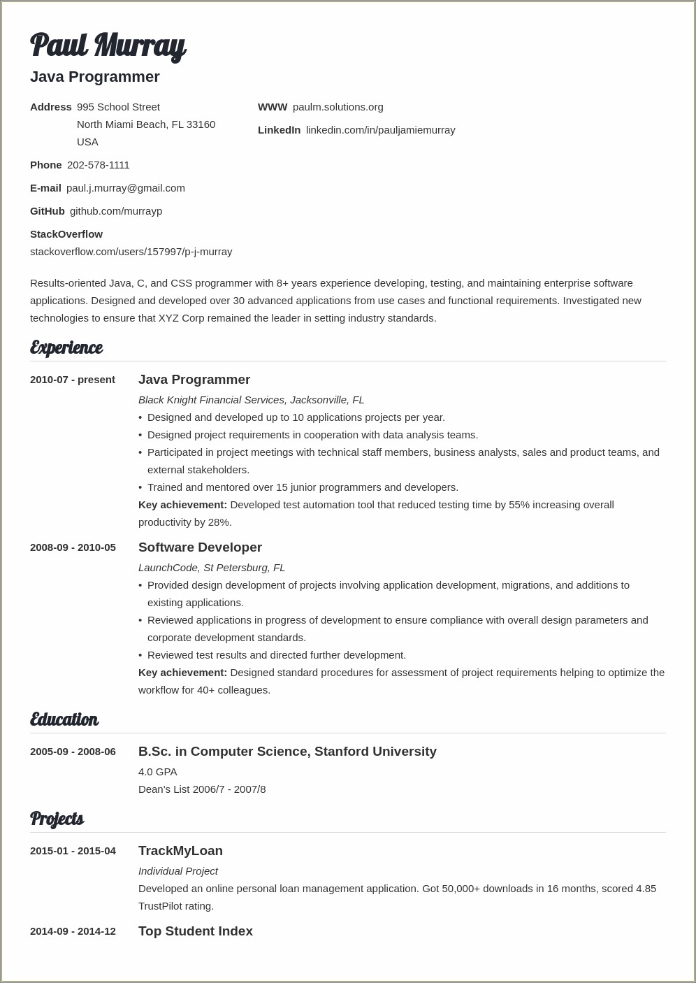 Entry Level Programmer Resume Example