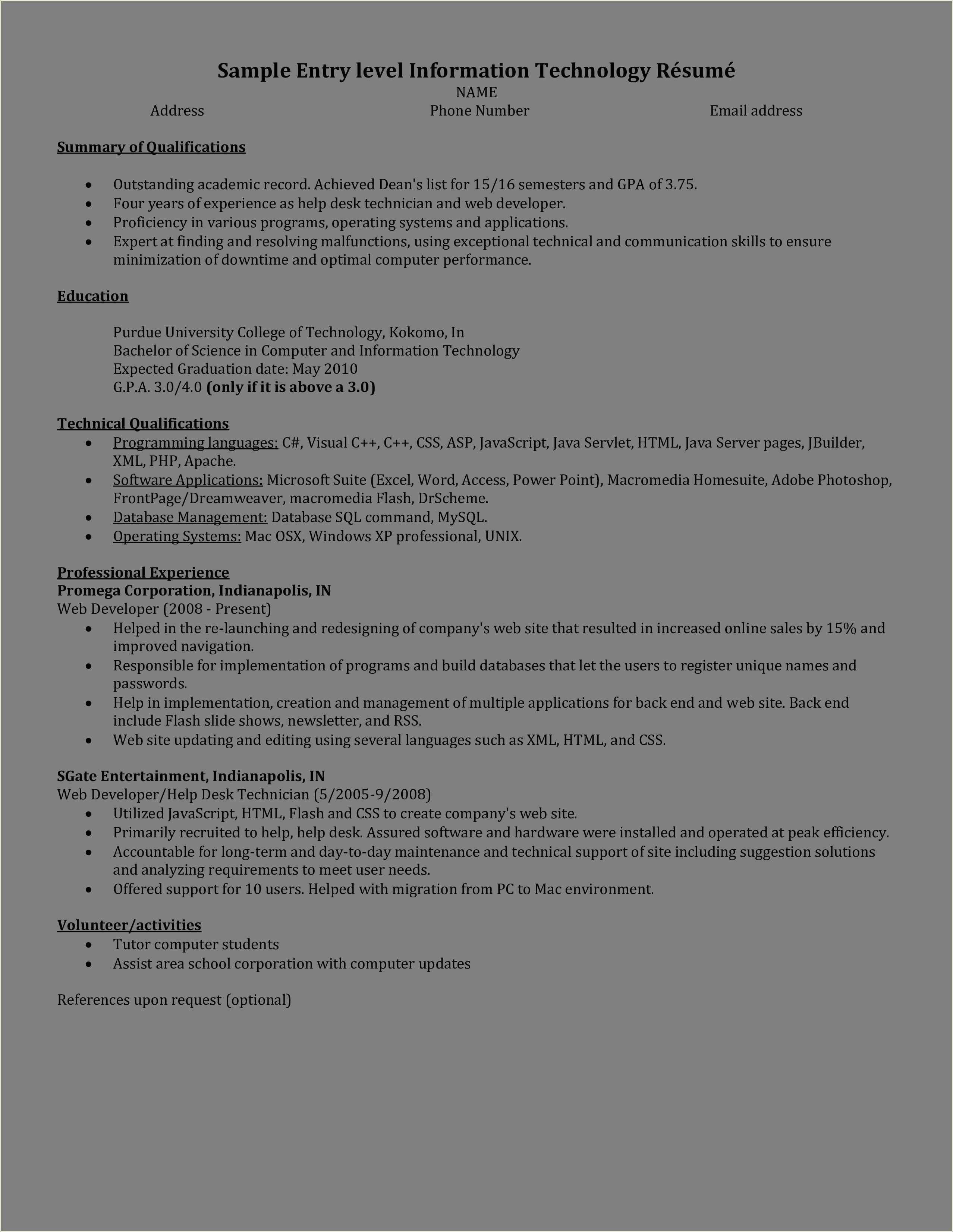 Entry Level Programmer Resume Summary Samples