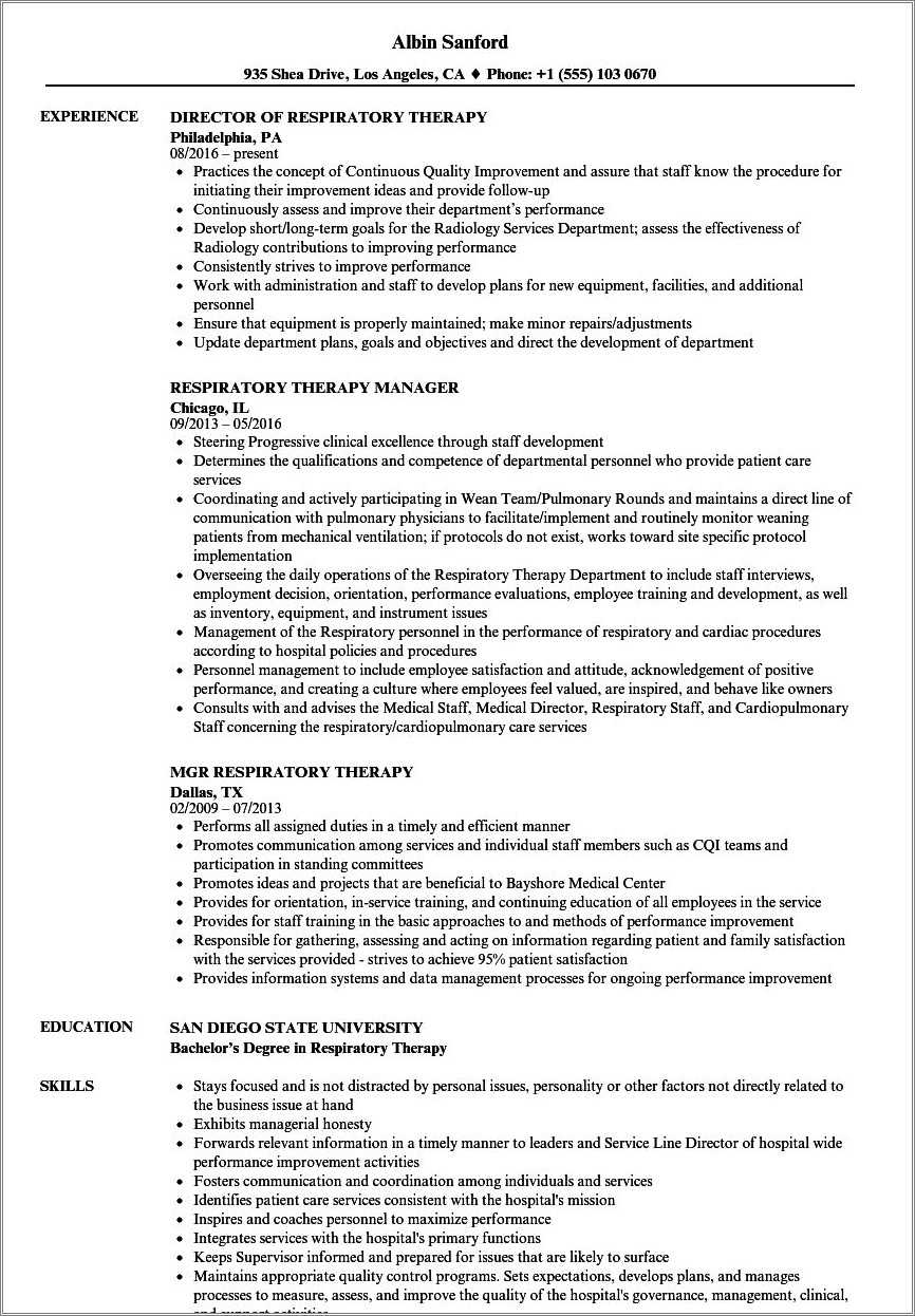 Entry Level Respiratory Therapist Resume Samples
