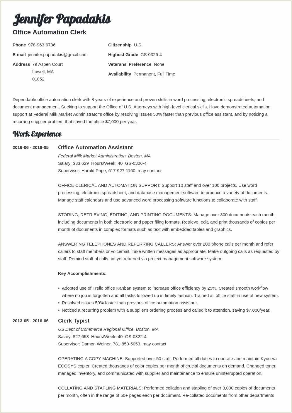 Example Federal Resume For Immigration