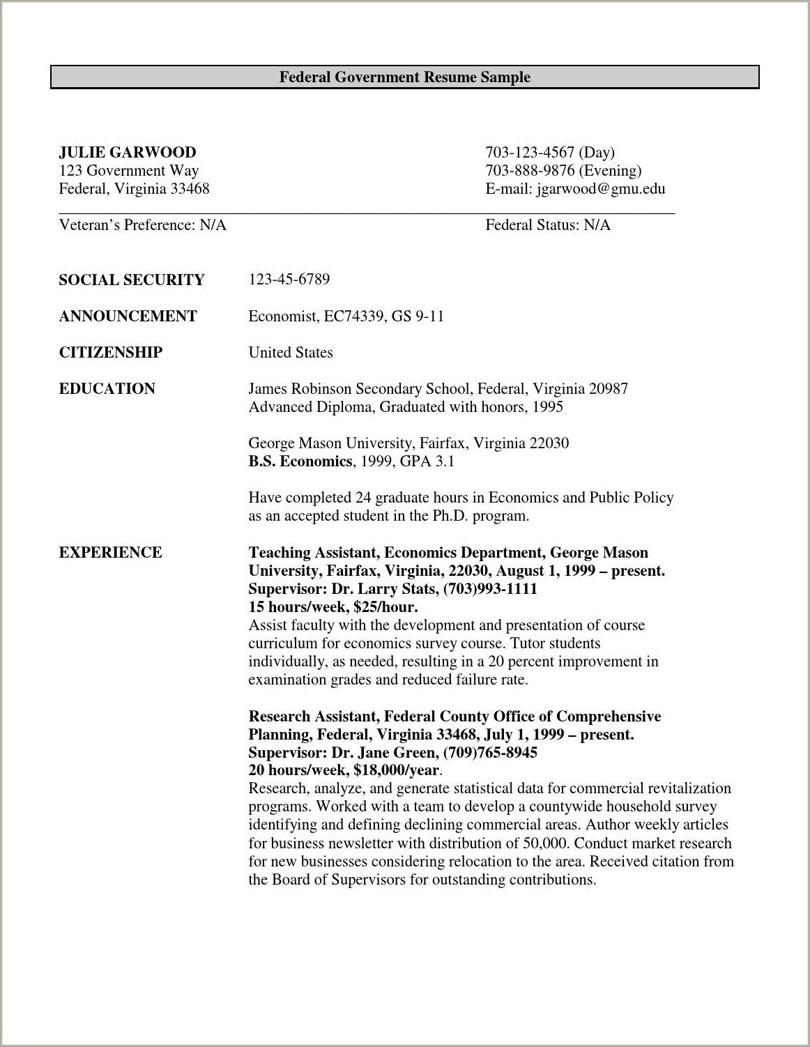 Example Federal Resume For It