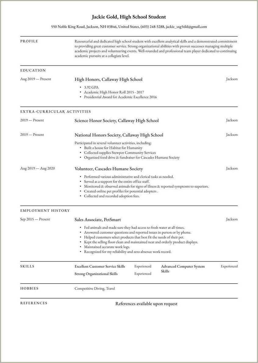Example Job Resume For High School Student