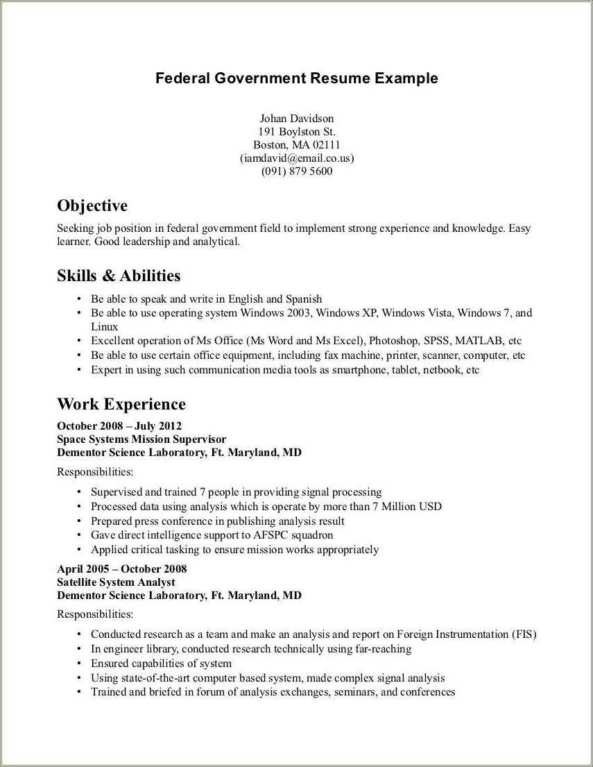 Example Of A Resume For A Federal Job
