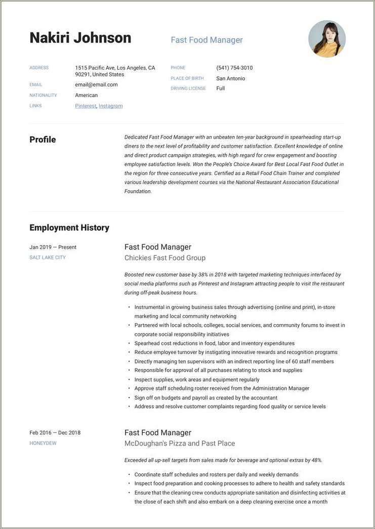 Example Of A Resume For Fast Food Restaurant