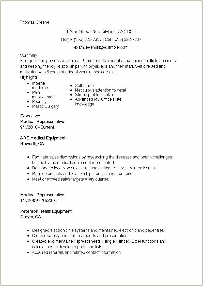 Example Of A Resume For Mediacl Device Sales