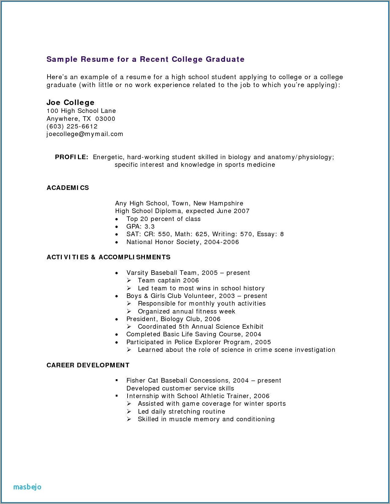 Example Of Applicant Resume High School Graduate