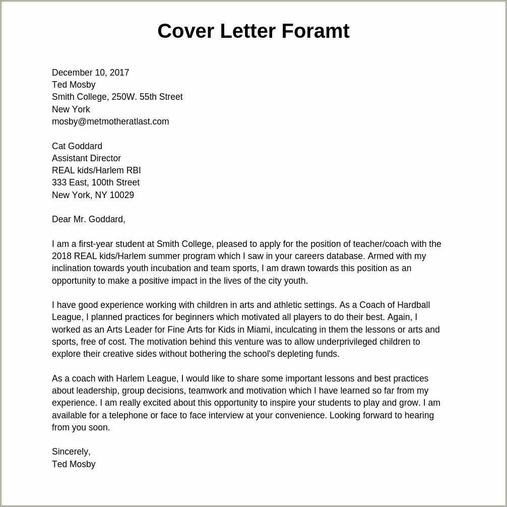 Example Of Application Resume Letter