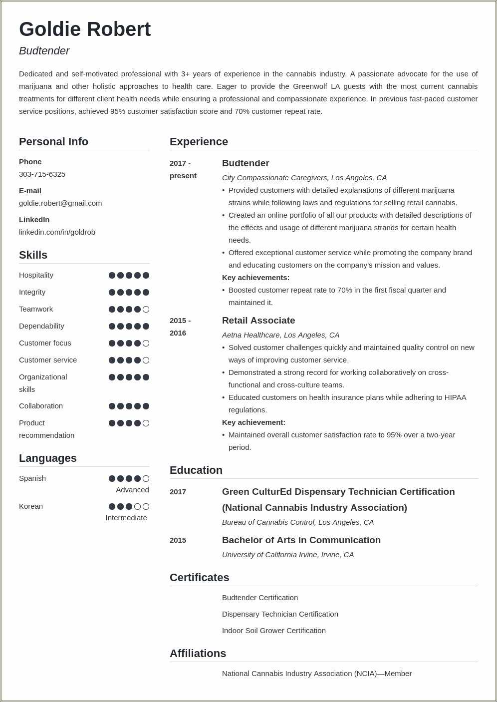 Example Of Cannabis Industry Resume