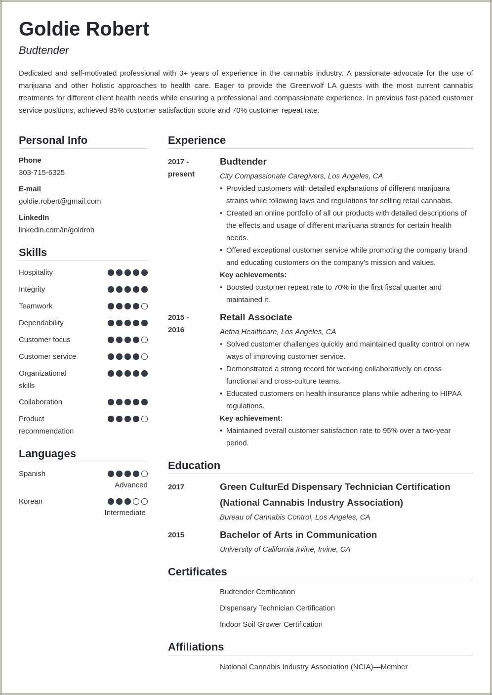 Example Of Cannabis Industry Resume