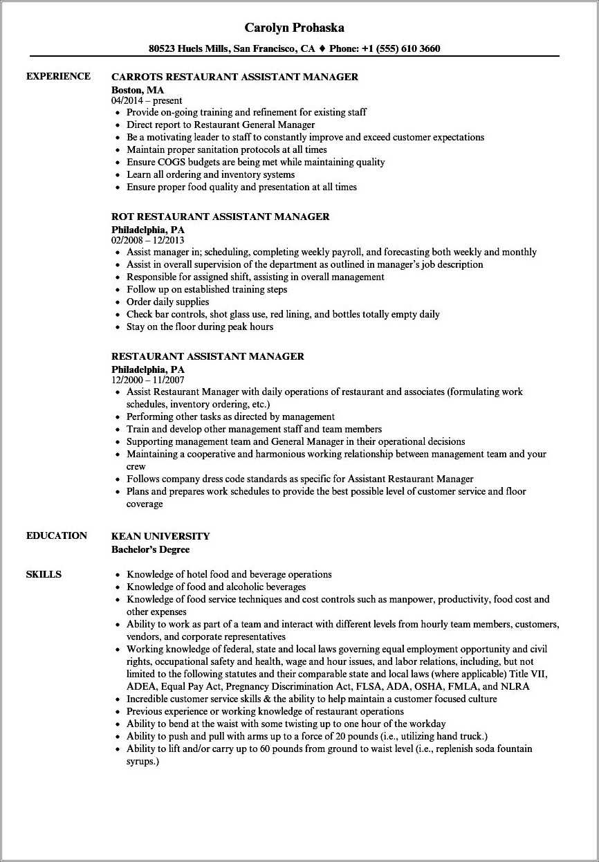 Example Of Fast Food Restaurant Resume