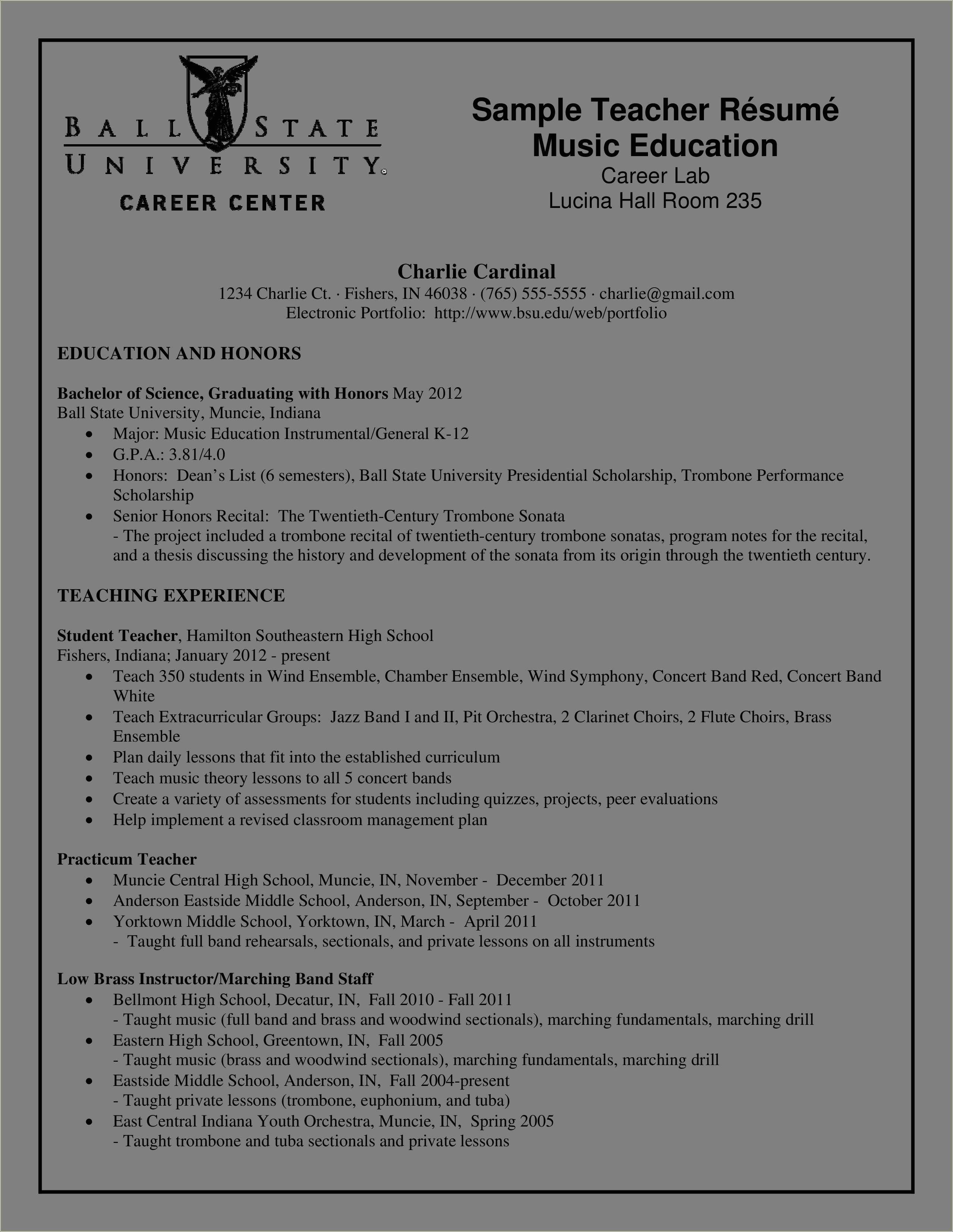 Example Of Music Education Resume