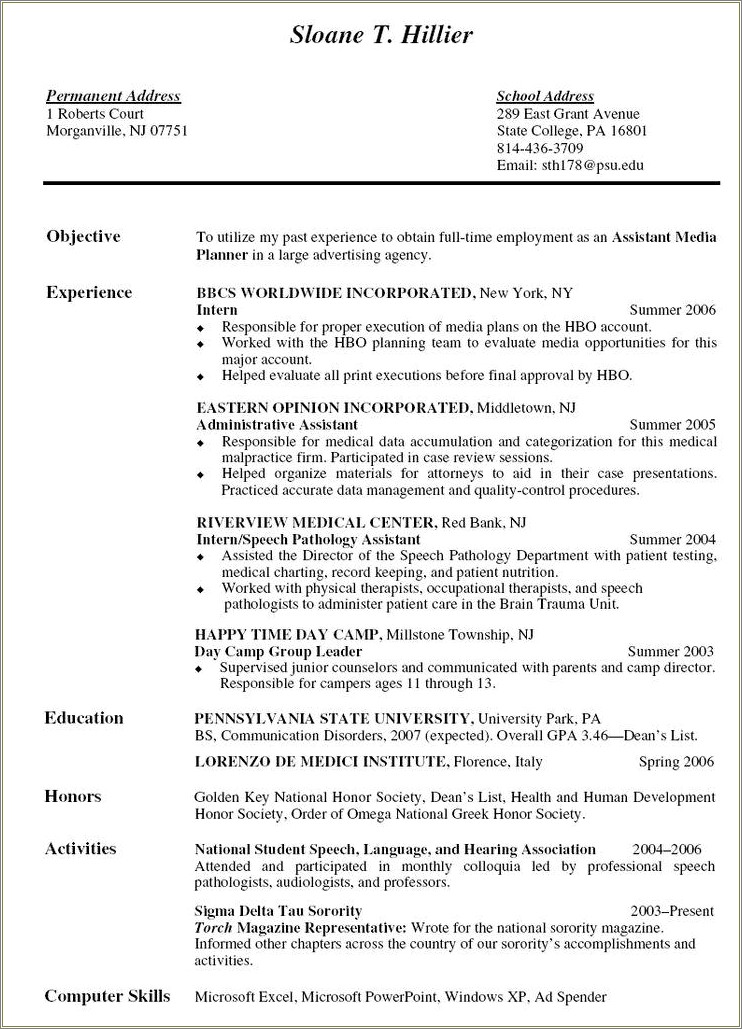 Example Of Objective In Resume For Internship