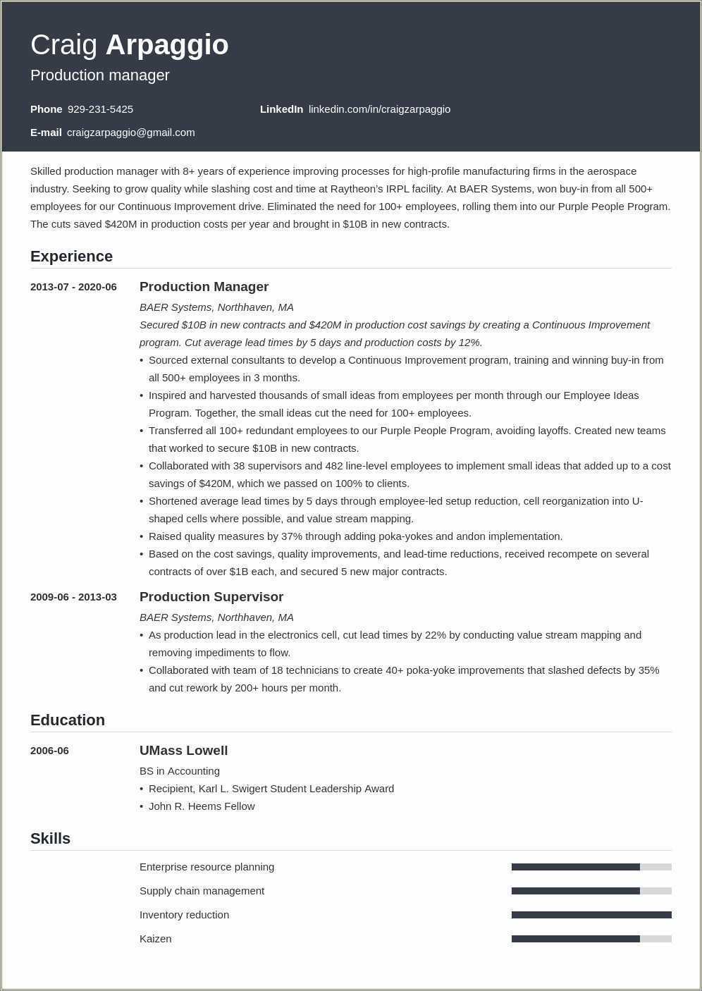 Example Of Production Manager Resume