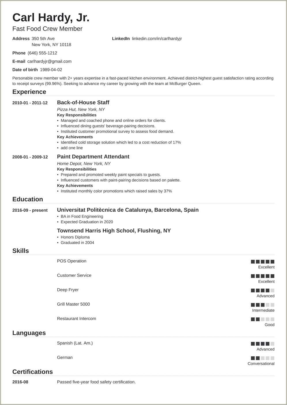 Example Of Resume For Fast Food