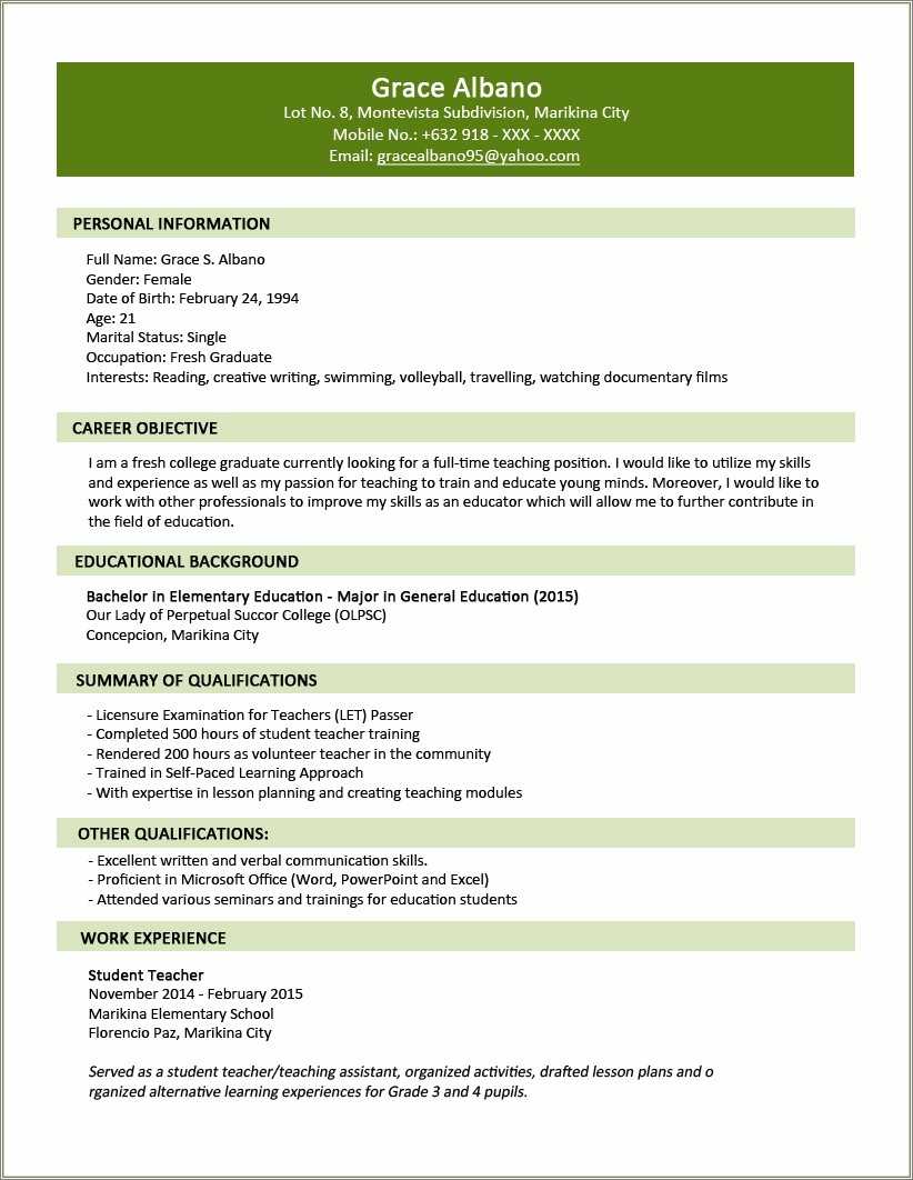 Example Of Resume Format For Fresh Graduate