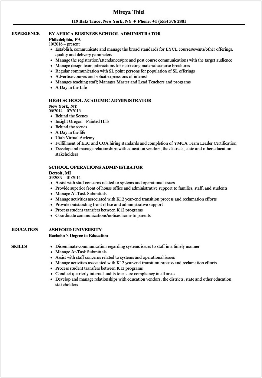 Example Of Resume School District