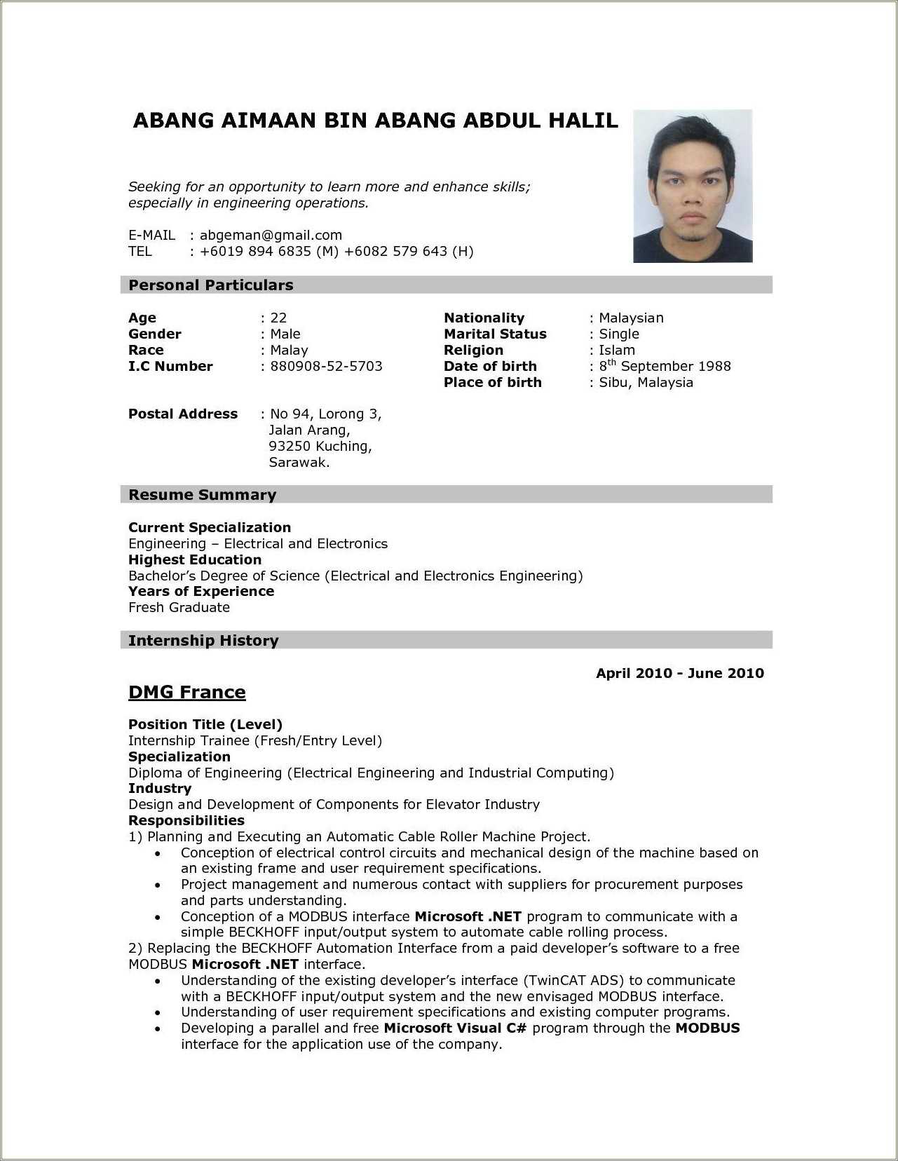 Free Example Of Resume To Apply Job
