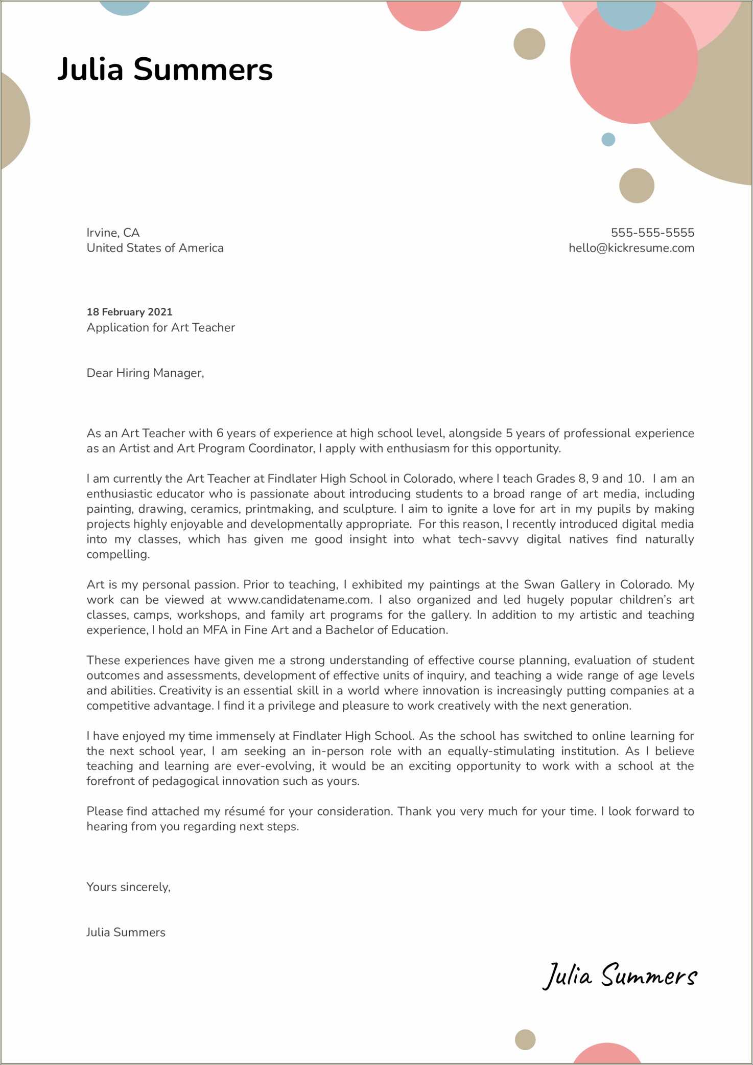 Example Of Teacher Resume Cover Letter - Resume Example Gallery