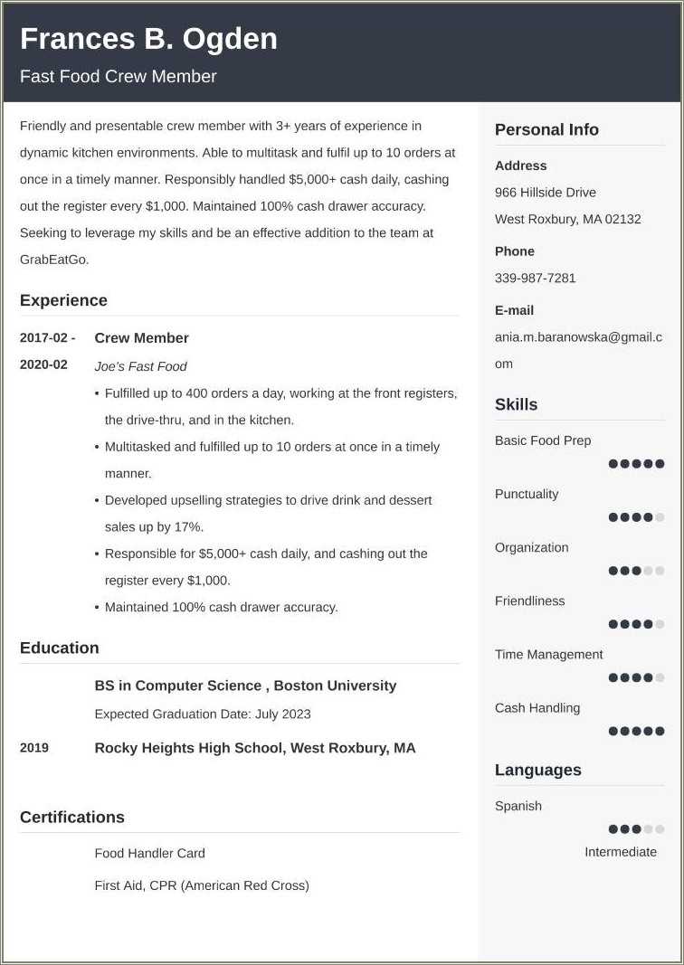 Example Resume Fast Food Service Worker