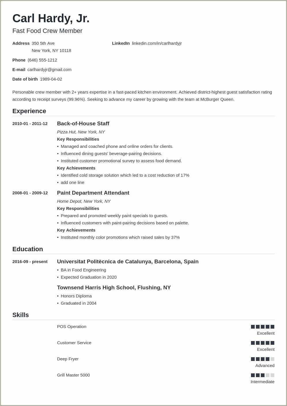 Example Resume Fast Food Worker Experience