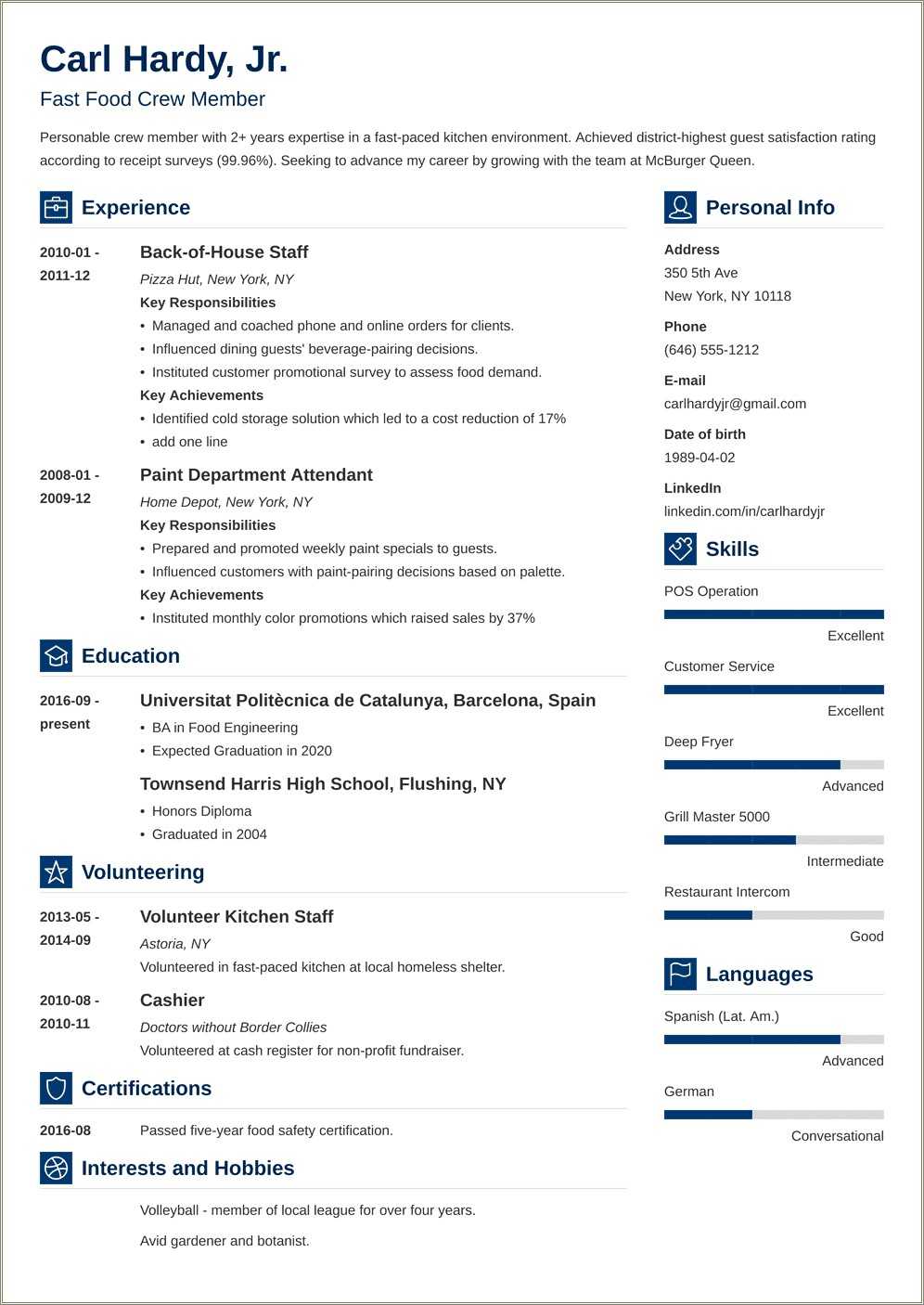 Example Resume Fast Food Worker