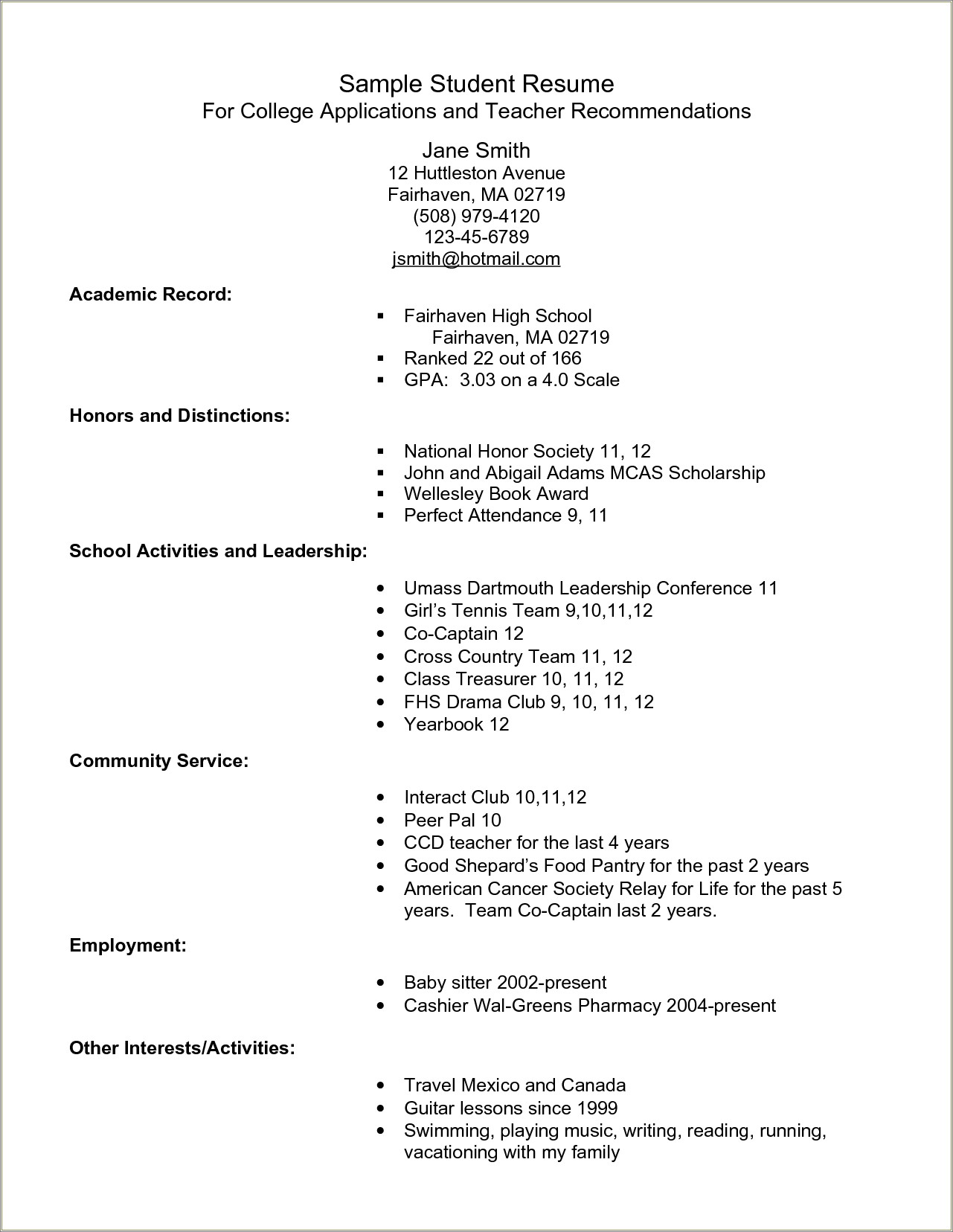 Example Resumes For College Applications