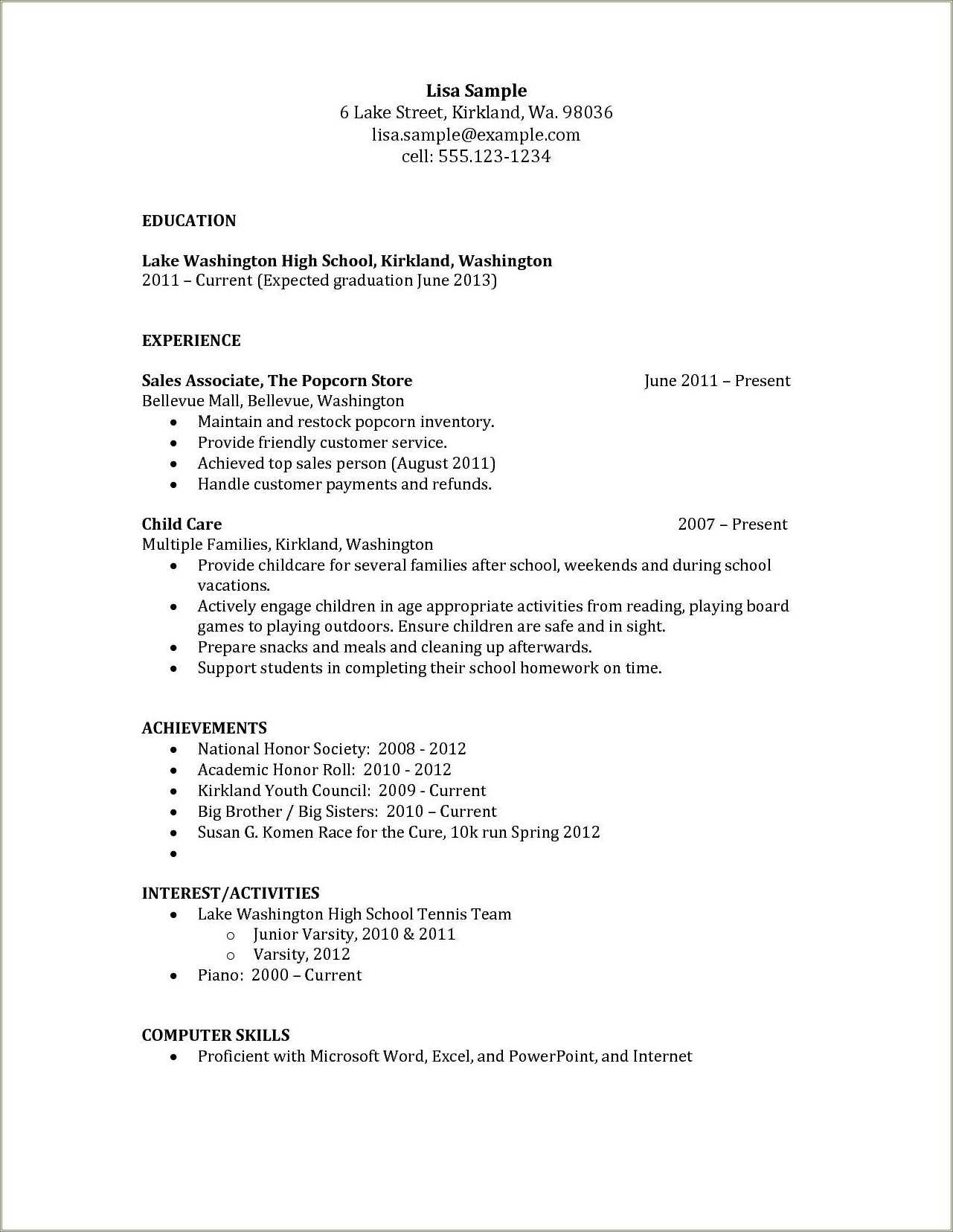 Examples Of A Resume Of A High School