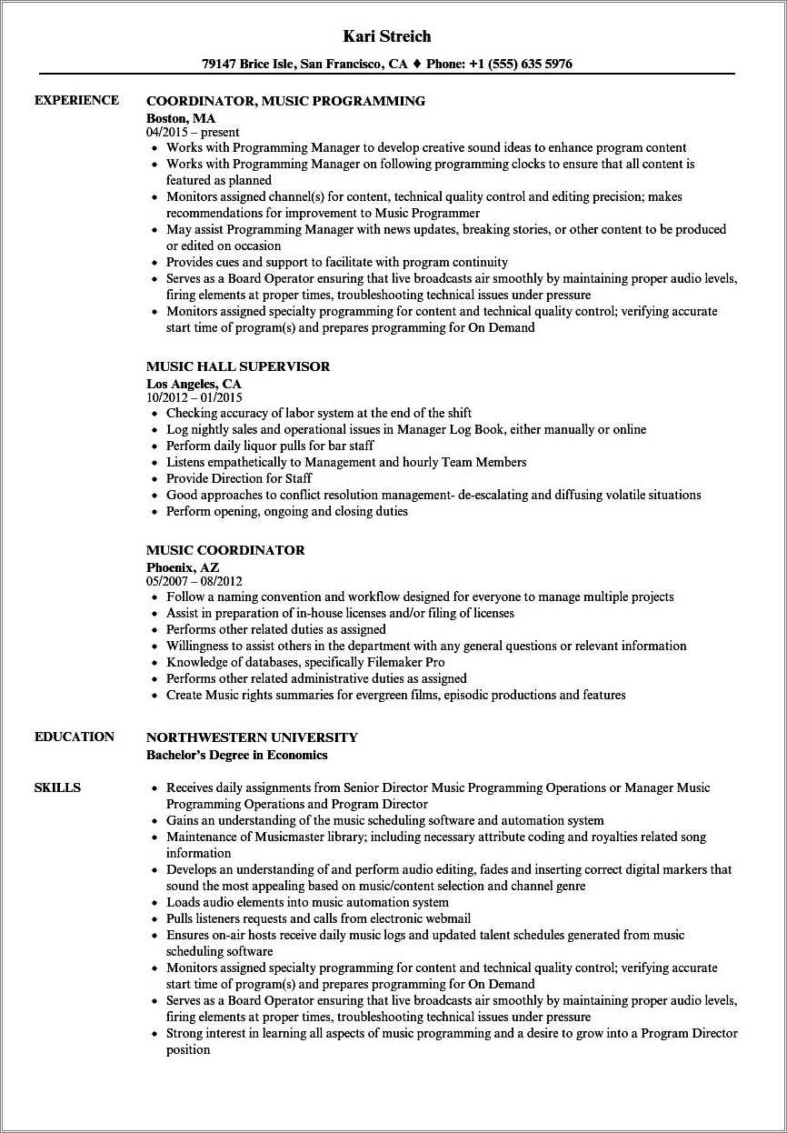 Examples of music show resume resume example gallery
