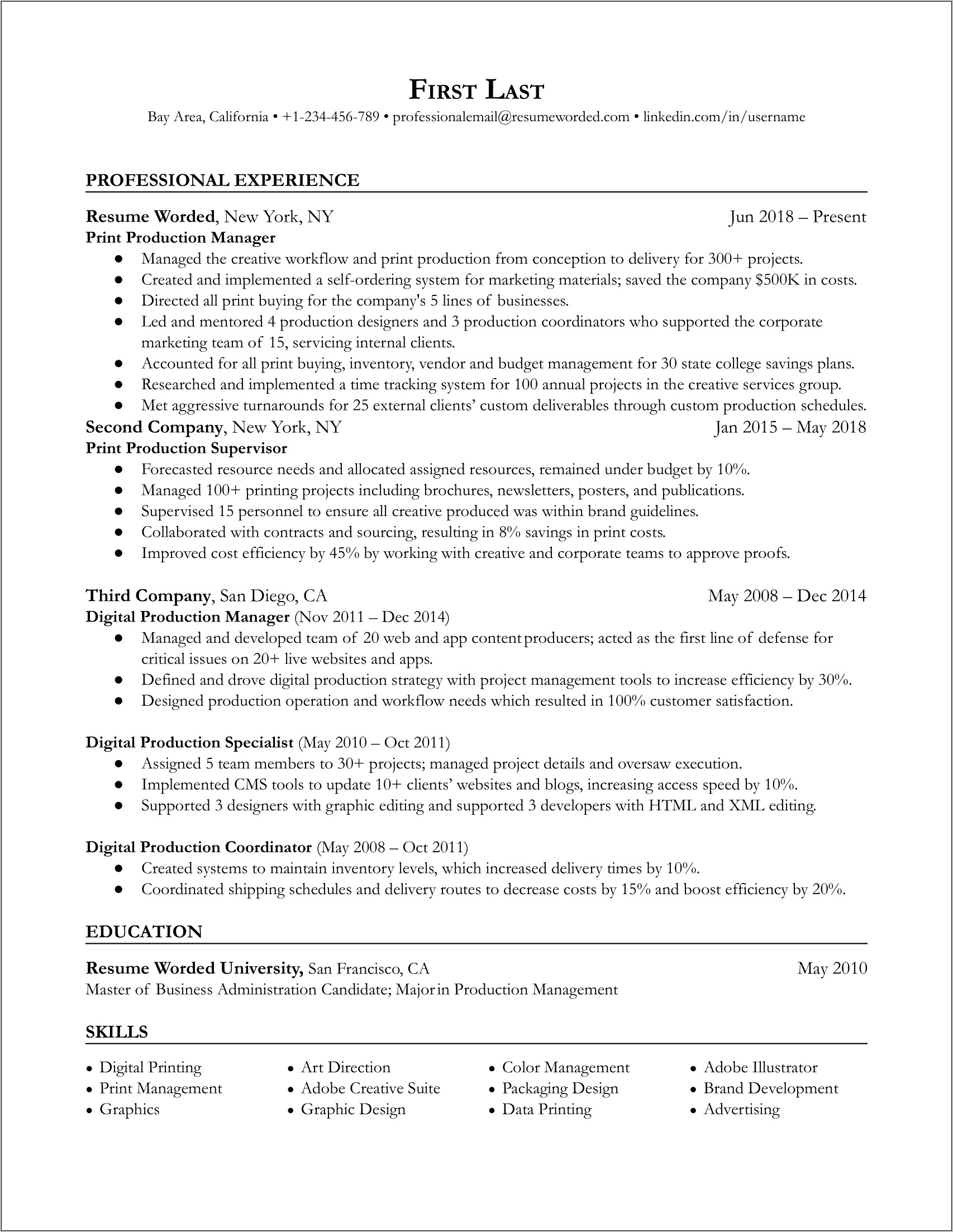 Examples Of Production Manager Resume