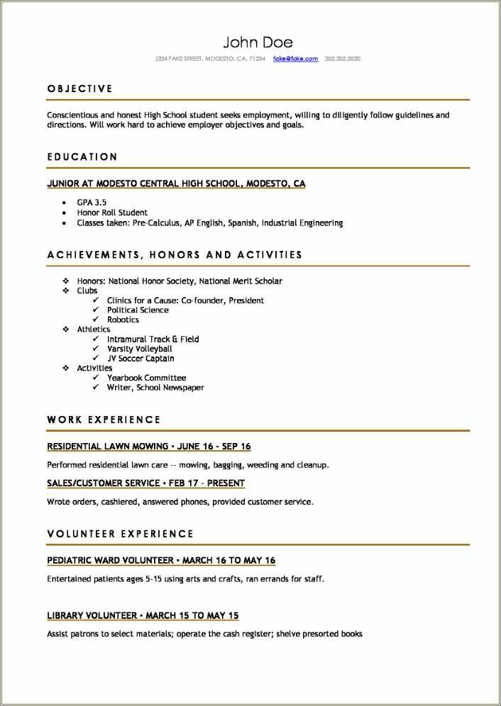 Examples Of Resumes For High School Students Job