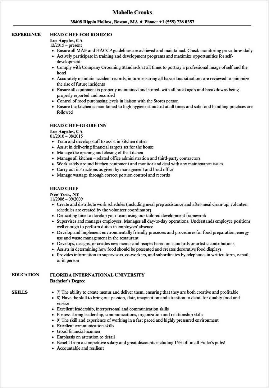 Executive Pastry Chef Resume Sample